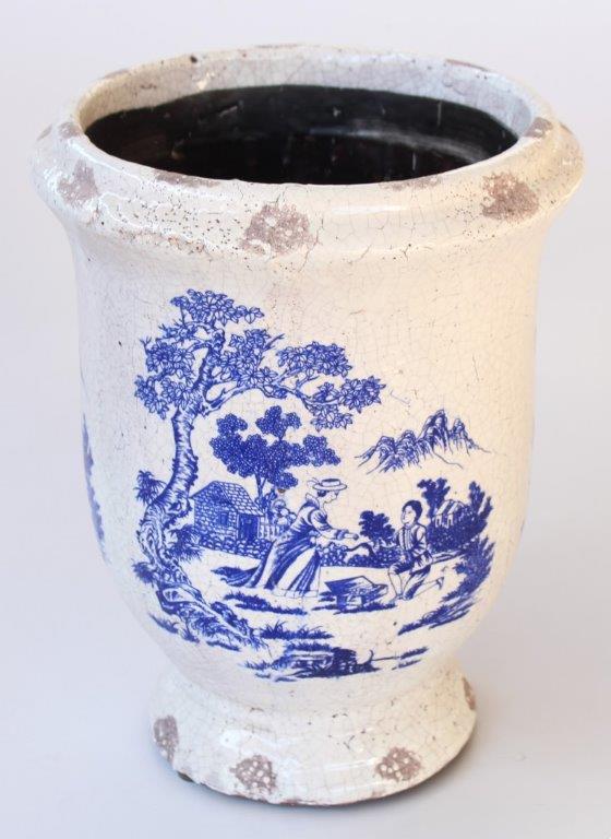 Blue & White Distressed Toile Planter On Foot